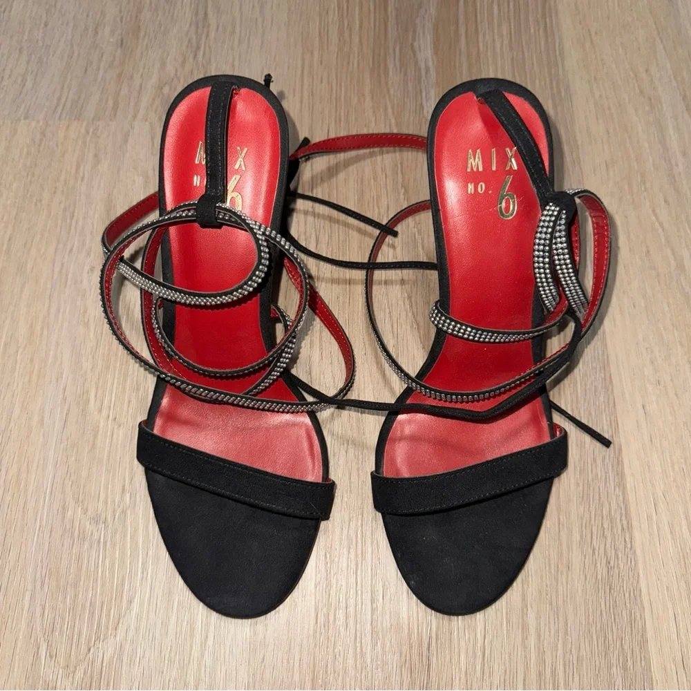 Mix No. 6 Black & Red Strappy Heels with Rhinestones - Size 8